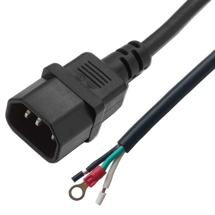IEC60320 C14 Plug Power Cables To Red Earth Cold-press Terminal O Ring Connector Stripping Cable End Power Cords SJT 3*18AWG 3*16AWG Black Color UL Etl Listed